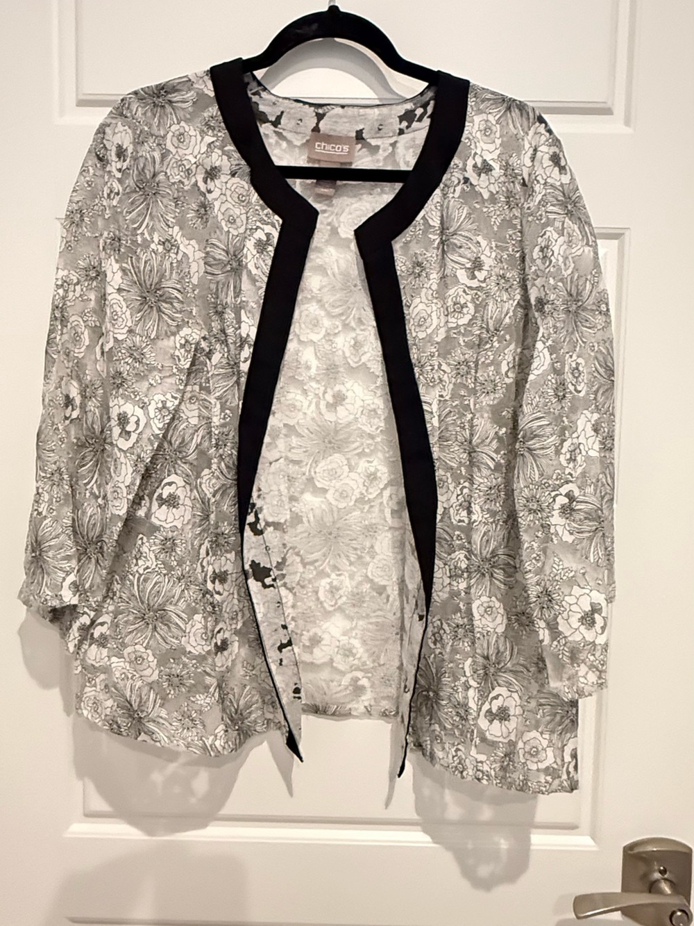 Chico's Black-Trim Floral Lace Open Jacket
